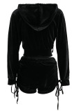 Black Street Patchwork Solid Draped asymmetrical crop top Straight Long Sleeve Two Pieces