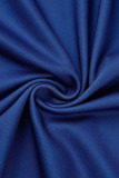 Blue Plus Size Sexy Print Pocket Letter V Neck Long Sleeve Dresses