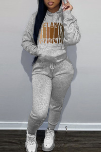 Grey Casual Print Patchwork Hooded Collar Long Sleeve Two Pieces