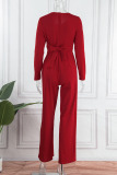 Red Casual Solid Bandage Patchwork Fold O Neck Straight Jumpsuits