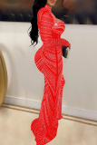 Red Sexy Patchwork Hot Drilling Hollowed Out Half A Turtleneck Long Sleeve Dresses
