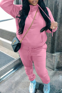 Pink Casual Solid Patchwork Hooded Collar Long Sleeve Two Pieces