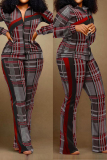 Burgundy Casual Daily Print Patchwork Zipper Collar Long Sleeve Two Pieces