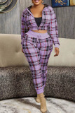 Pink Casual Plaid Print Patchwork Hooded Collar Long Sleeve Two Pieces