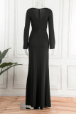 Black Sexy Formal Solid Patchwork Slit V Neck Long Sleeve Dresses