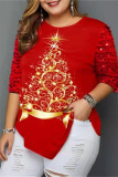 Red Casual Print Sequins Patchwork O Neck Plus Size Tops