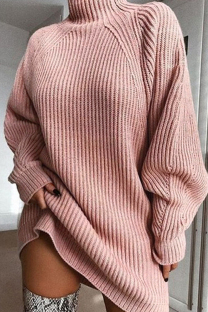 Pink Casual Solid Basic Turtleneck Long Sleeve Dresses