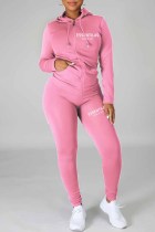 Pink Casual Print Letter Hooded Collar Long Sleeve Two Pieces