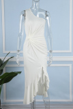 White Street Solid Flounce One Shoulder Irregular Dress Dresses