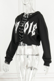 Black Casual Letter Print Patchwork Chains Hooded Collar Tops