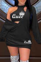 Black Casual Letter Print Basic O Neck Long Sleeve Two Pieces
