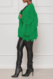 Green Casual Solid Tassel Patchwork Cardigan Collar Outerwear