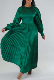 Dark Green Casual Solid Patchwork O Neck Long Sleeves Pleated Dresses (Without Belt)