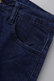 Medium Blue Casual Solid Patchwork High Waist Skinny Denim Jeans