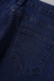 Medium Blue Casual Solid Patchwork High Waist Skinny Denim Jeans