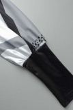 Black khaki Casual Print Patchwork V Neck Long Sleeve Dresses