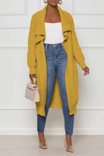 Yellow Casual Solid Patchwork Cardigan Collar Outerwear
