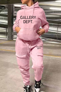 Pink Street Print Letter Hooded Collar Long Sleeve Two Pieces