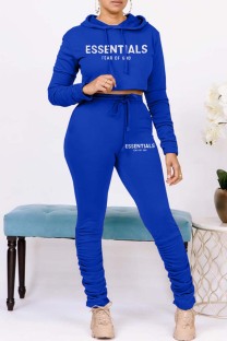 Blue Casual Letter Print Patchwork Fold Hooded Collar Long Sleeve Two Pieces