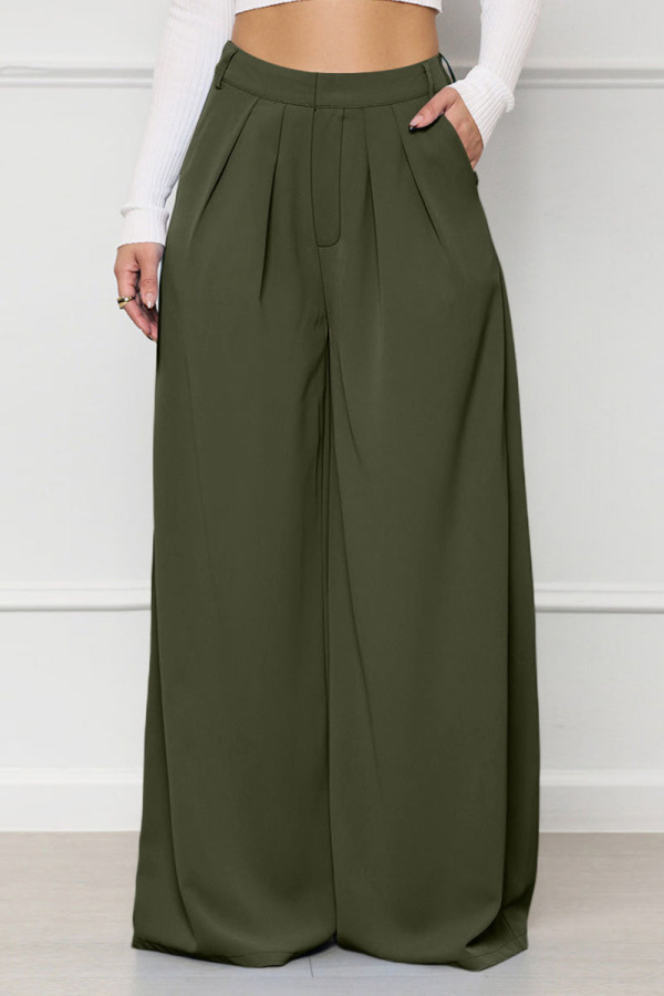Army Green Casual Solid Patchwork High Waist Wide Leg Solid Color Bottoms