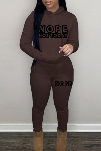 Coffee Casual Print Patchwork Hooded Collar Long Sleeve Two Pieces