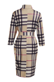 Pink Fashion Casual Plaid Print With Belt Zipper Collar Long Sleeve Plus Size Dresses