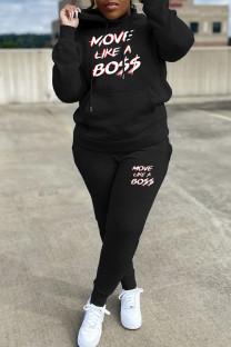 Black Casual Letter Print Basic Hooded Collar Long Sleeve Two Pieces
