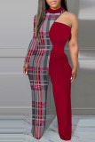 Rose Red Casual Print Hollowed Out Patchwork Half A Turtleneck Straight Jumpsuits