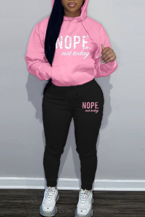 Pink Casual Print Patchwork Hooded Collar Long Sleeve Two Pieces