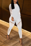 White Sexy Solid See-through Mesh O Neck Skinny Jumpsuits
