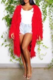 Red Casual Solid Patchwork Cardigan Outerwear