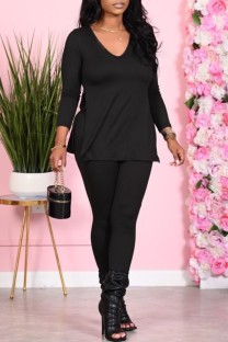 Black Casual Solid Slit V Neck Long Sleeve Two Pieces