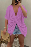 Pink Casual Solid Patchwork Asymmetrical V Neck T-Shirts