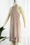 Khaki Fashion Elegant Solid Patchwork Halter Irregular Dress Dresses