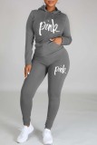 Black Casual Letter Print Basic Hooded Collar Long Sleeve Two Pieces
