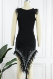 Black Sexy Patchwork Hot Drilling See-through Feathers O Neck Irregular Dress Dresses