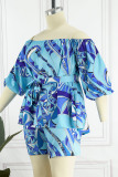 Blue Casual Print Patchwork Off the Shoulder Long Sleeve Two Pieces