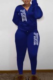 Royal Blue Casual Print Letter Hooded Collar Long Sleeve Two Pieces