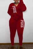 Red Casual Print Letter Hooded Collar Long Sleeve Two Pieces