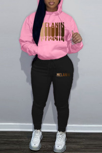 Pink Casual Print Patchwork Hooded Collar Long Sleeve Two Pieces