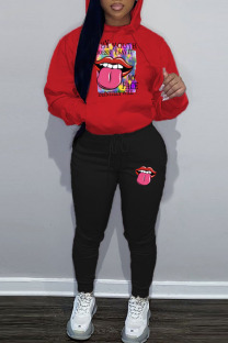 Red Casual Print Patchwork Hooded Collar Long Sleeve Two Pieces