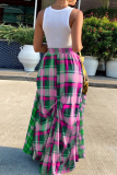 Green Fashion Casual Plaid Print Patchwork Regular High Waist Skirt
