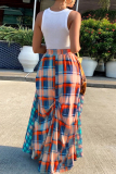 Orange Fashion Casual Plaid Print Patchwork Regular High Waist Skirt