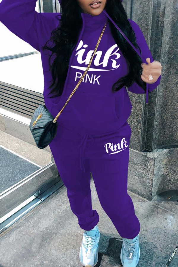 Dark Purple Casual Letter Print Basic Hooded Collar Long Sleeve Two Pieces
