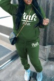 Green Casual Letter Print Basic Hooded Collar Long Sleeve Two Pieces