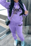 Purple Casual Letter Print Basic Hooded Collar Long Sleeve Two Pieces