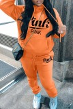 Peach Casual Letter Print Basic Hooded Collar Long Sleeve Two Pieces