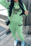 Green Casual Letter Print Basic Hooded Collar Long Sleeve Two Pieces