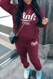 Rose Red Casual Letter Print Basic Hooded Collar Long Sleeve Two Pieces