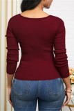Red Casual Solid Patchwork V Neck Tops